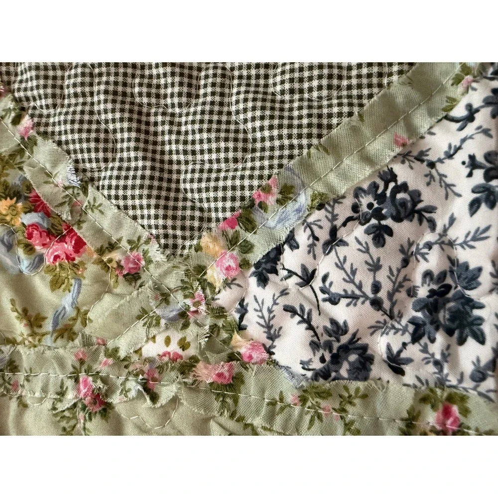 Vintage Patchwork Quilted Pillow Sham Sage Green Floral Gingham Scalloped Edge